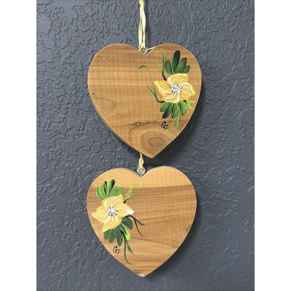 Vtg Wooden Handpainted Heart Shaped Wall Yellow Floral Home Decor